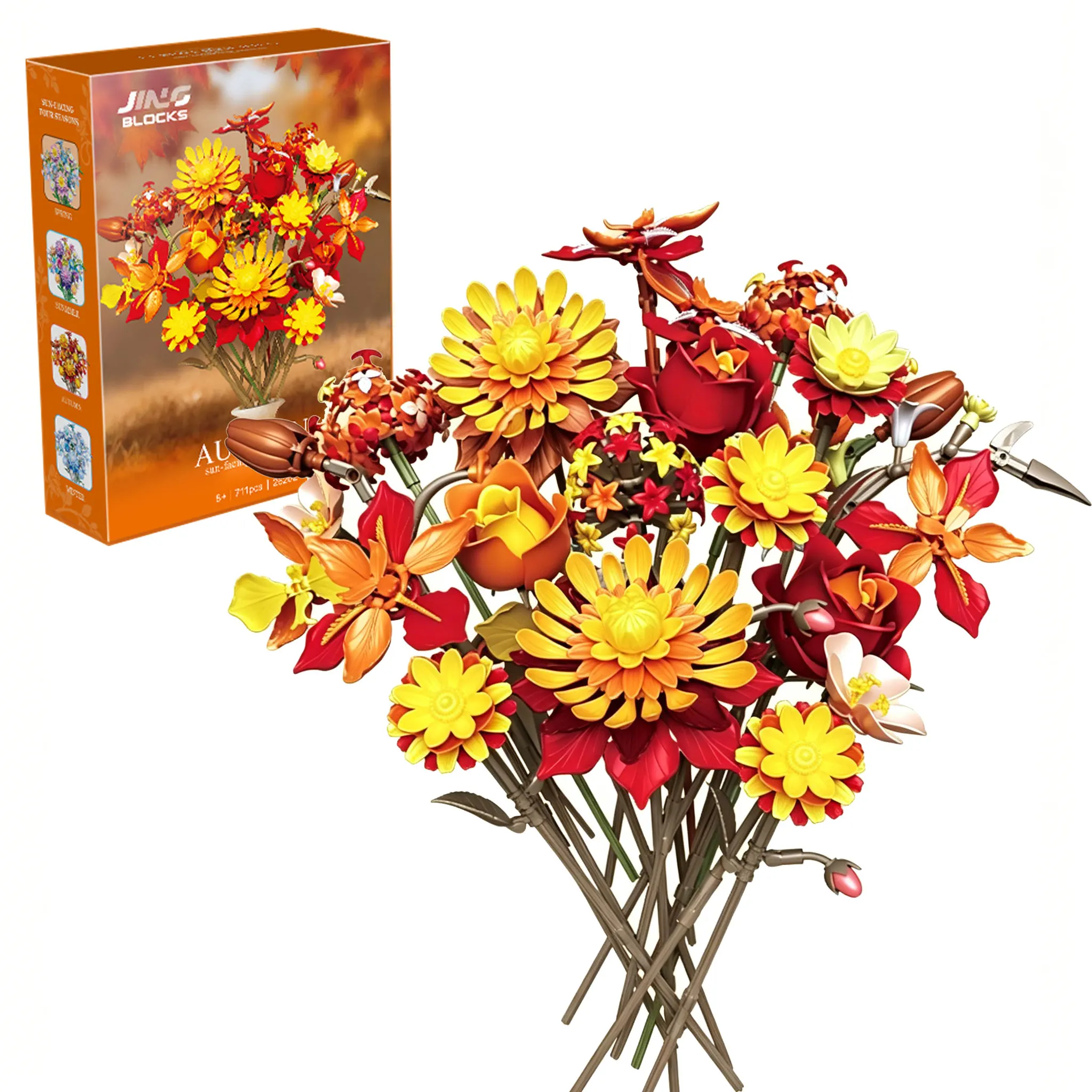 

711PCS Autumn Flower Building Blocks Bouquet with Roses Dahlias Botanical Collection DIY Bricks Toy for Adults Home Decor Gift