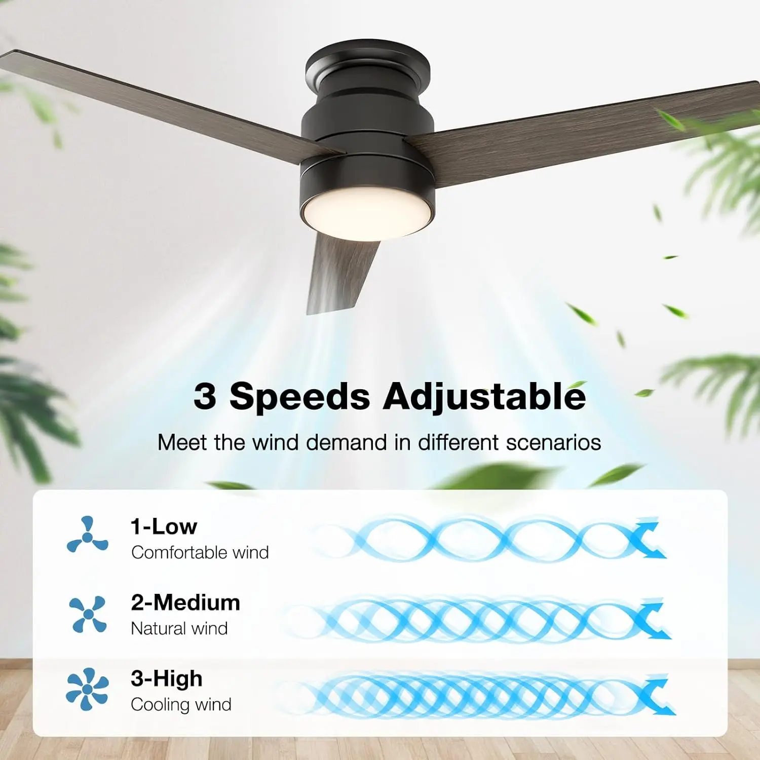 Flush Mount Ceiling Fan with Lights Remote Control, 52-Inch, Black, 3-Blades