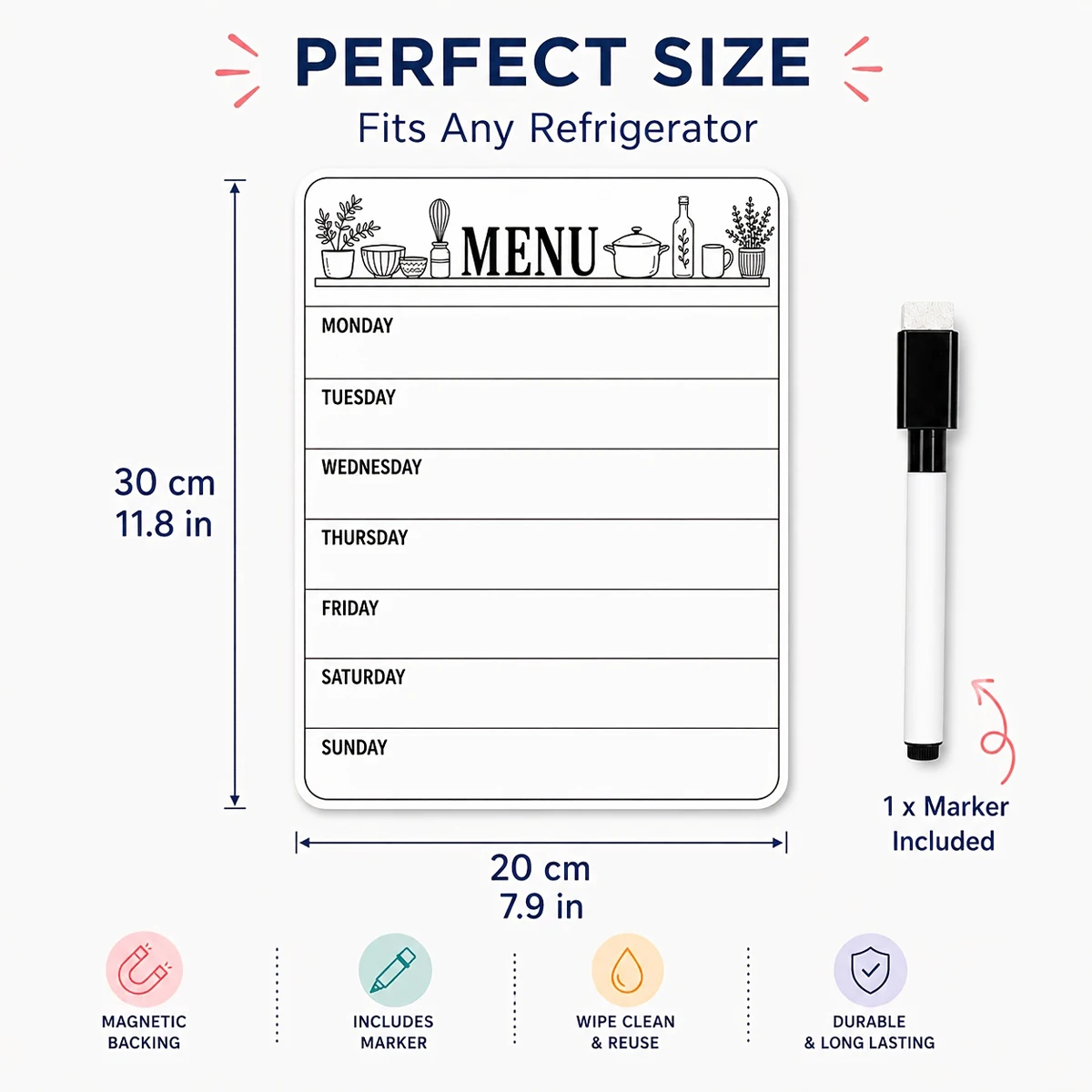 1PCS Whiteboard Menu Planner Sticker | Dry Erase Weekly Meal Board Kitchen Grocery Notes, Creative Home Decoration Supplies Gift
