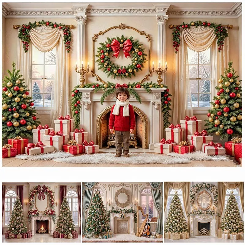 LS Photography Background Winter Christmas Tree Fireplace Wreath Decoration Backdrop Family Xmas Holiday Portrait Studio Props