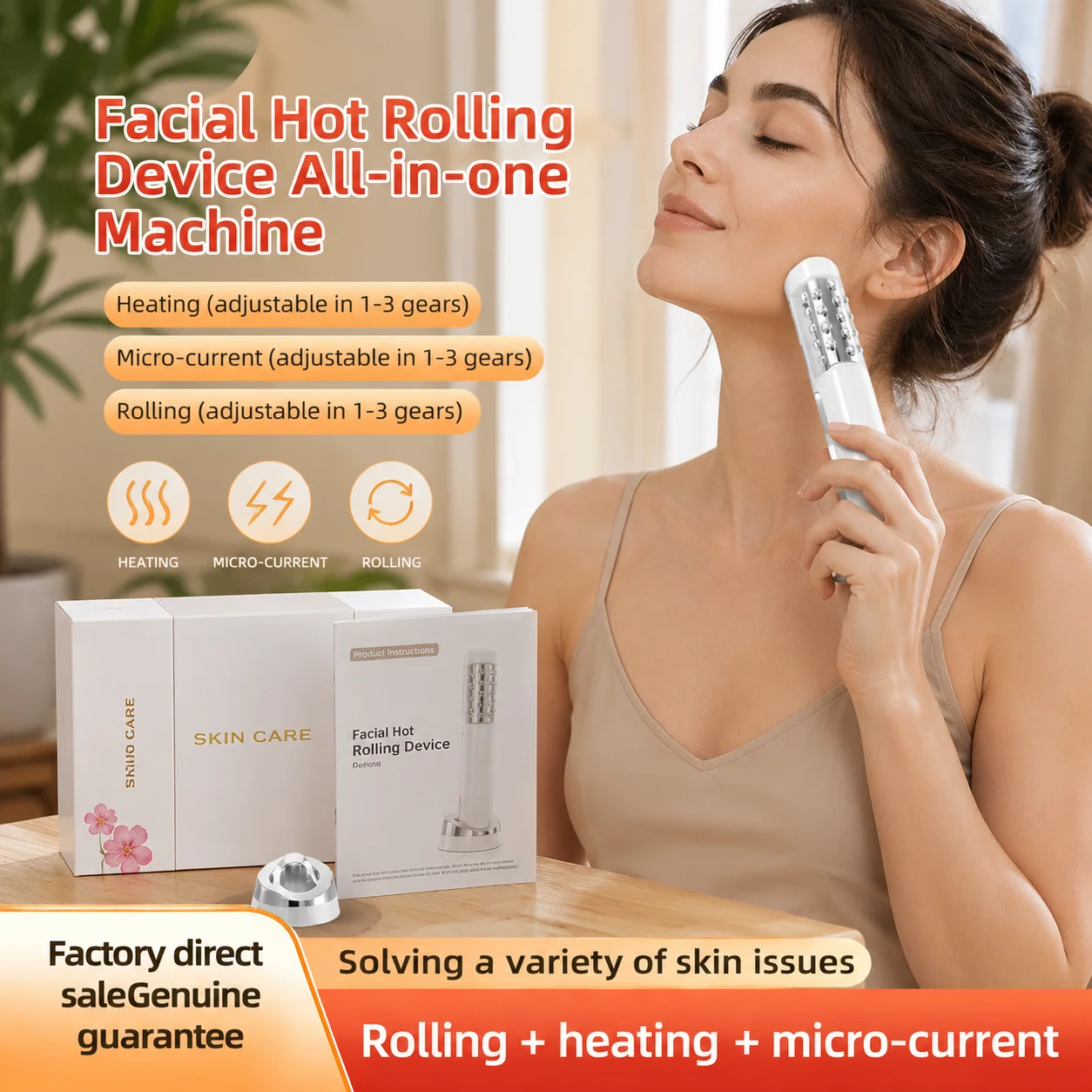 Portable Facial Hot Rolling Device with Heating Micro-Current & Rolling Massage 3-Level Adjustable Skin Care For Home Use