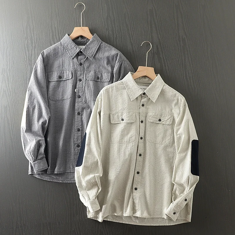 Japanese Functional Seersucker Skin Friendly Cotton Autumn Men's Striped Patch Long Sleeved Shirt Outdoor Trekking Travel Blouse