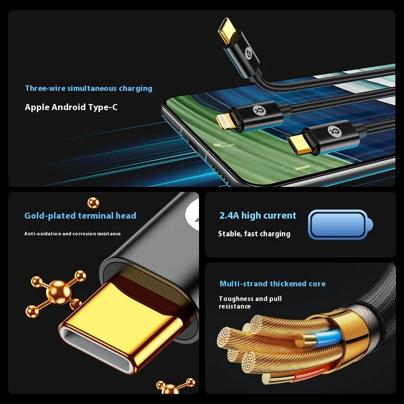 كابل بيانات Biaze 3 في 1 كابل شحن 1.2 متر شحن سريع USB متعدد الرأس مناسب لهاتف Apple Huawei 66W 100W