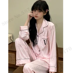 Women Pajamas Set Spring Summer Sleepwear Print Flower Long Sleeves Trouser Suits Lounge Wear Loose Satin Homewear Pijamas Suit