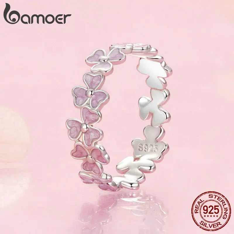 Bamoer 925 Sterling Silver Lucky Purple Flower Rings clover Lovely Ring For Women Fine Jewelry Anniversary Birthday Gift Party