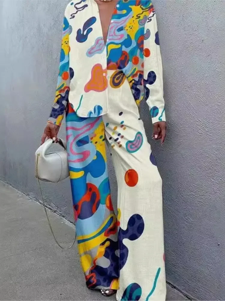

Women's Suit Single Breasted Lapel Short Sleeve Shirt And Wide Leg Trousers Sets, Print Shirt Pants Two Piece Set, Lady Outfits