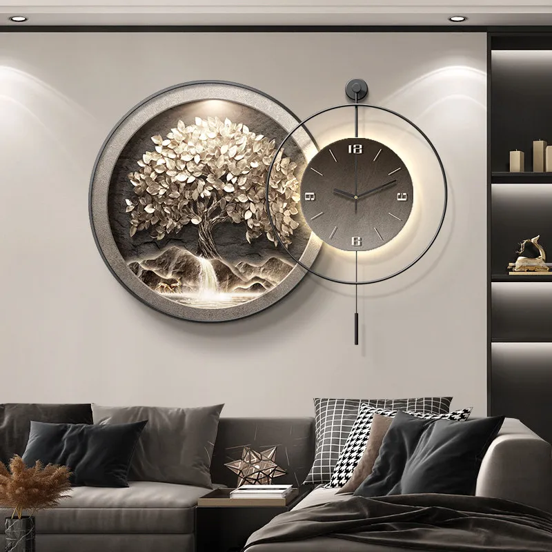2026 New Living Room Wall Clock Decoration Painting, Light Luxury Advanced Sense Round Wall Clock Light Luxury Modern Decor