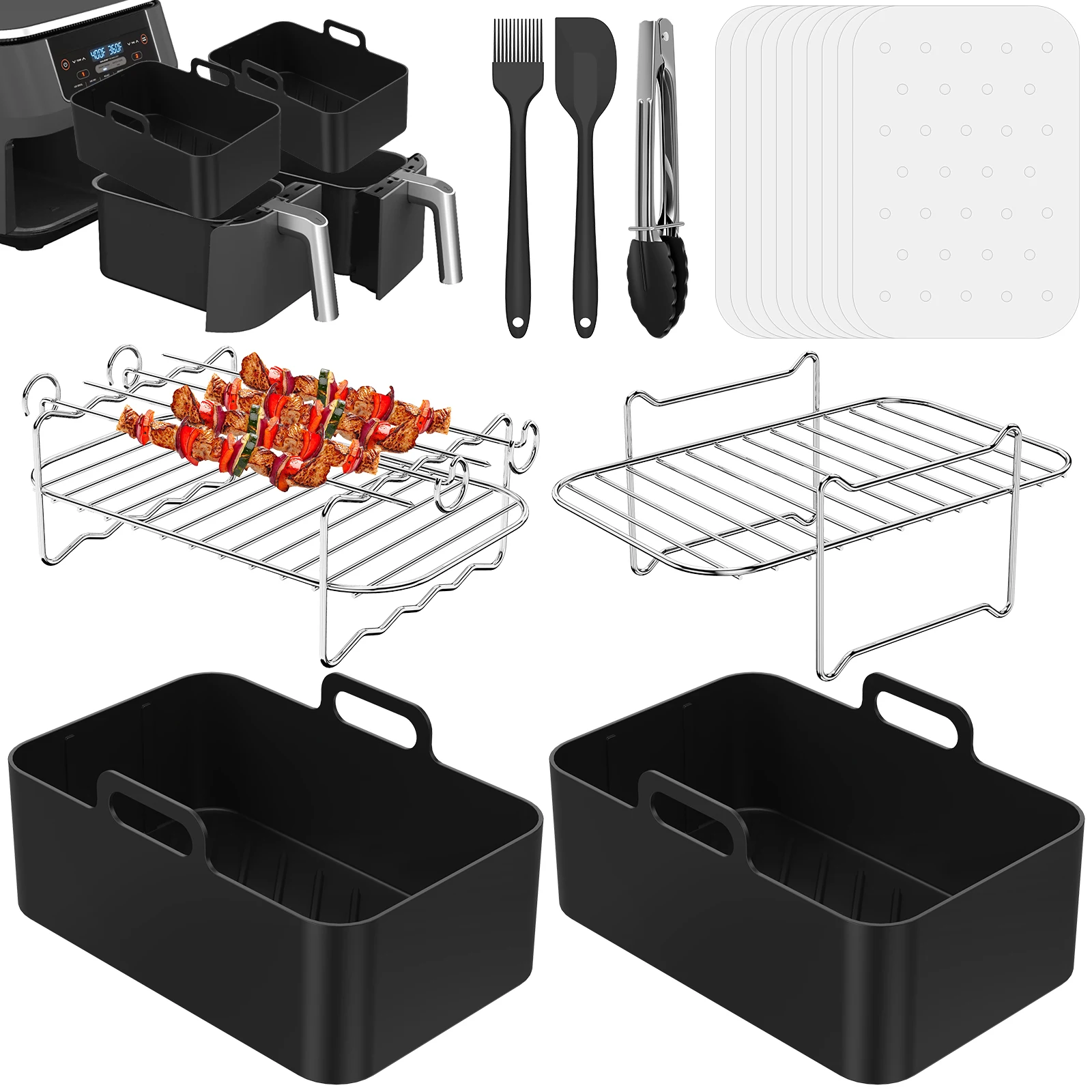 Air Fryer Accessories Set Nonstick Air Fryer Silicone Pan with 100 Paper Liners Stainless Steel Steamer Rack Skewer Rack Oil