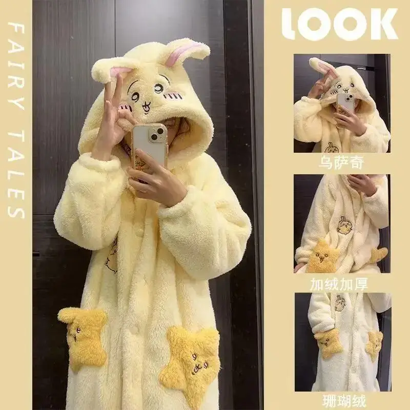 Anime Chiikawa Winter Plüsch dicke Pyjamas Cartoon süße warme Usag Pyjamas Chiikawa Korallen Fleece Nachthemd Damen Home Anzug Set