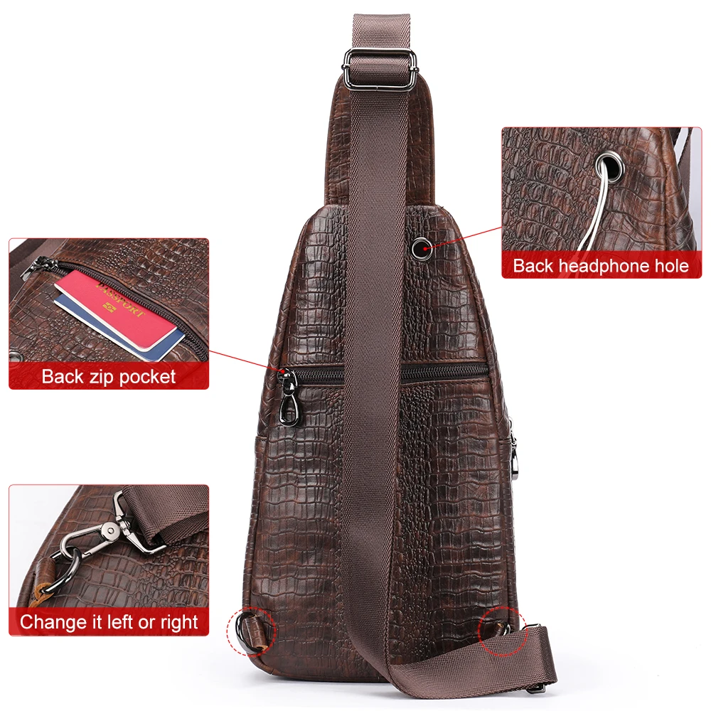 WESTAL Cowhide Genuine Leather Crossbody Sling Bag Men Croco Embossing Chest Bag Waterproof Shoulder Bags Black for Traveling