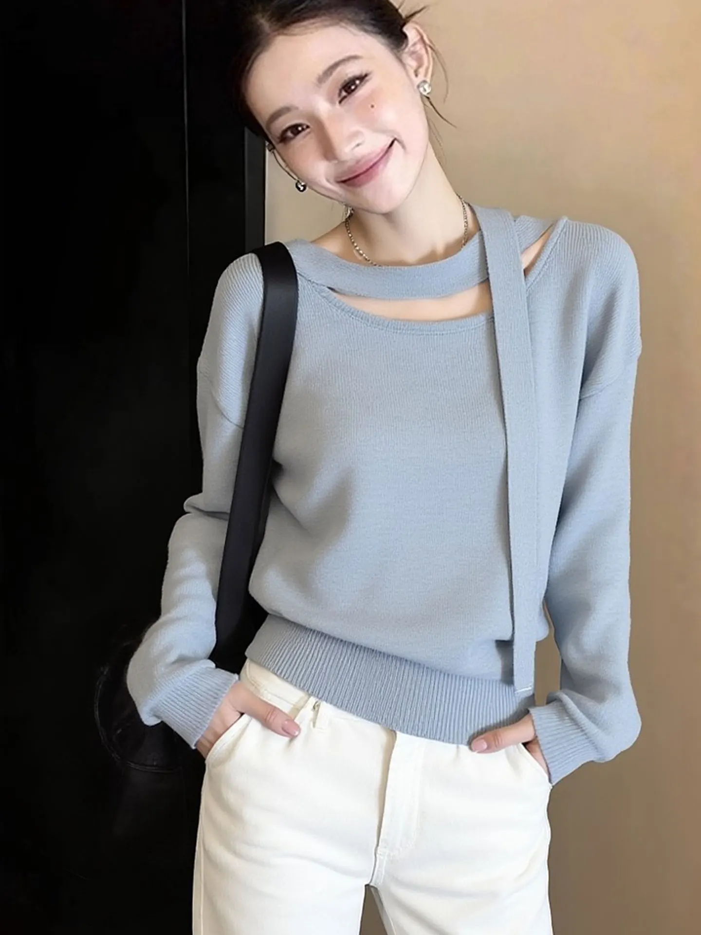 

Comfortable Long Sve Knitted Sweater Pure Color Casual Sle Spring Faion Korean Brand European High End Lazy Trend Top