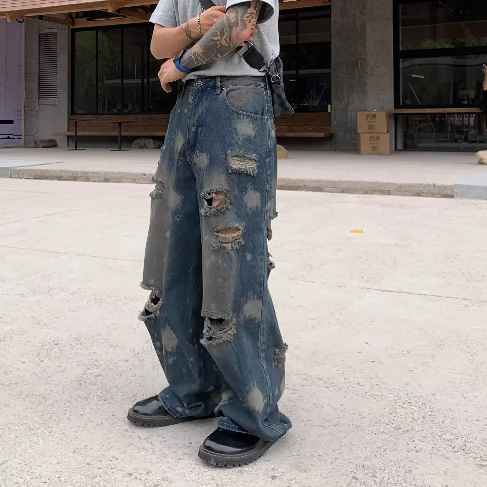 جينز ممزق أزرق عتيق للنساء بخصر عالٍ 2000 على الطراز القوطي الأمريكي الشرير الهيب هوب فضفاض غير رسمي مستقيم وواسع الساق من قماش الدنيم #1