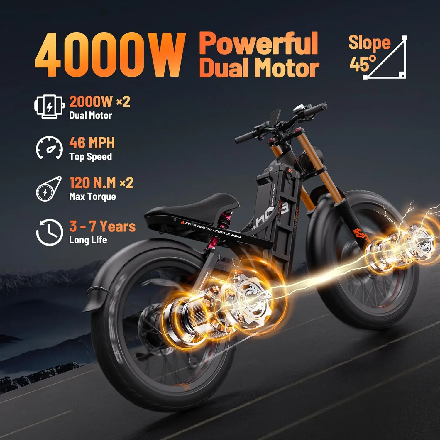 4000W Dual Motor Ebike 52V 70Ah 200 Mile 46MPH 26x4 Fat Tire Full Suspension Mountain Bike for Commuting & Delivery, Customized