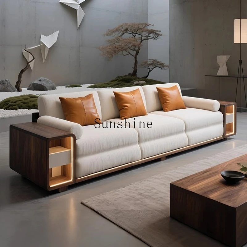 

Sofa living room wabi-sandy wind solid wood three-person straight row furniture medieval simple and modern