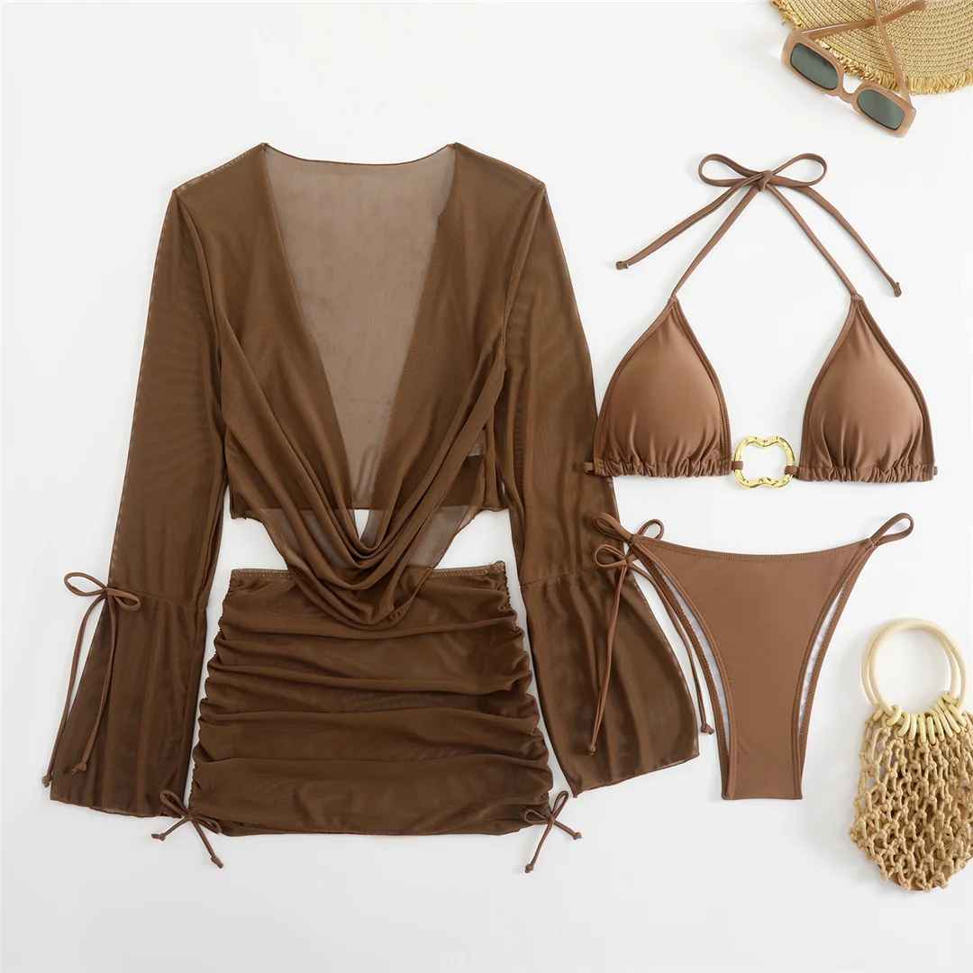 3-teiliges weißes Bikini-Set mit langen Ärmeln, Rock und Badeanzug für Damen, Badebekleidung, vierteiliges Bikini-Set, Badeanzug, Badebekleidung, Schwimmanzug V7015 – Detail 25