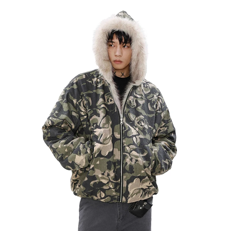 PFNW Camouflage Fur Splicing Hooded Quilted Padded Jacket Men's Tide High Street Winter Short Bomber Cotton-padded Coat CPG2223