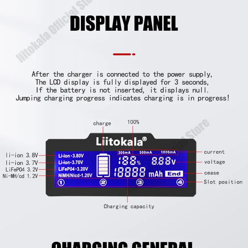 Liitokala Lii-D4XL CH2 Rechargeable Battery Charger,3.7V 18650 18350 18500 21700 26650 1.2V AAA 9V LCD Display Battery Charger