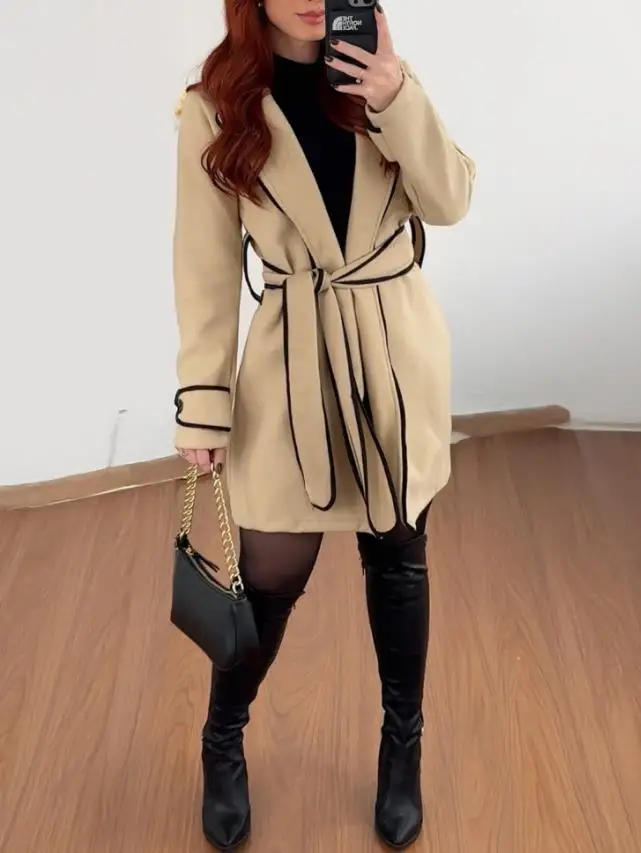 Women's Jacket 2025 Spring Autumn New Solid Color Turn-Down Collar Long Sleeve Casual Tie Detail Cinch Jacket Coat