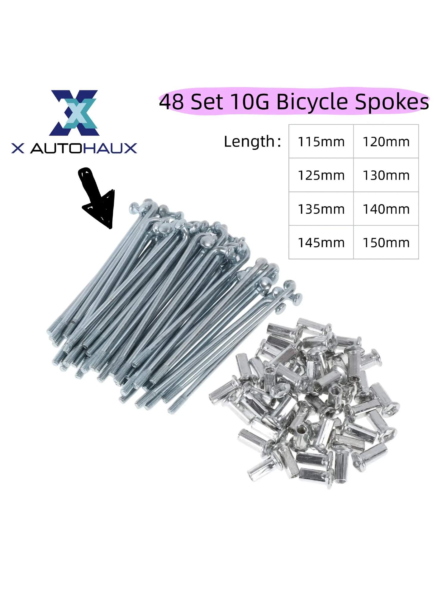AliExpress X Autohaux 48 Set 10G Bicycle Spokes 115mm 120mm 125mm 130mm 135mm 140mm 145mm 150mm Bike Wheel Spokes Carbon Steel Galvanized
