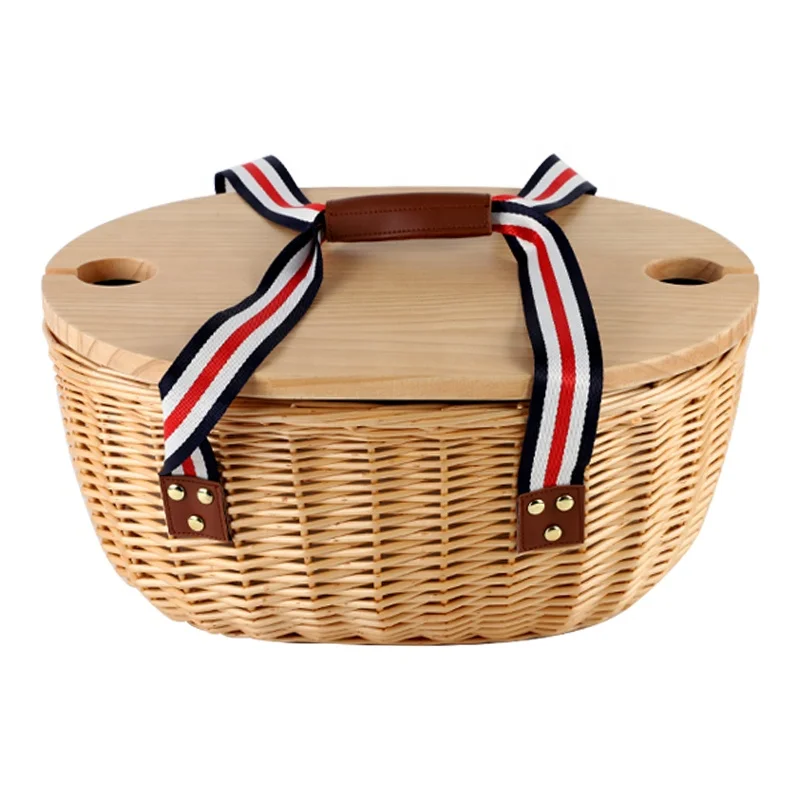 

Custom Design Woven Natural Material Food Picnic Basket with Table Wicker Oval Picnic Set Basket with Insulate Bag