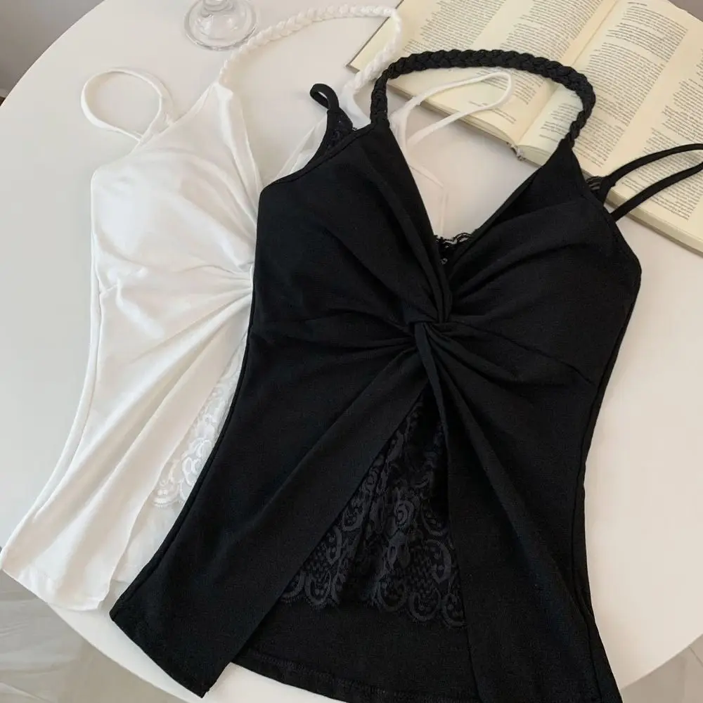 

V Neck Lace Patchwork Vest Solid Color Twist Design Halter Tank Top Summer Fabric Sleeveless Backless Tank Top Women's Fashion