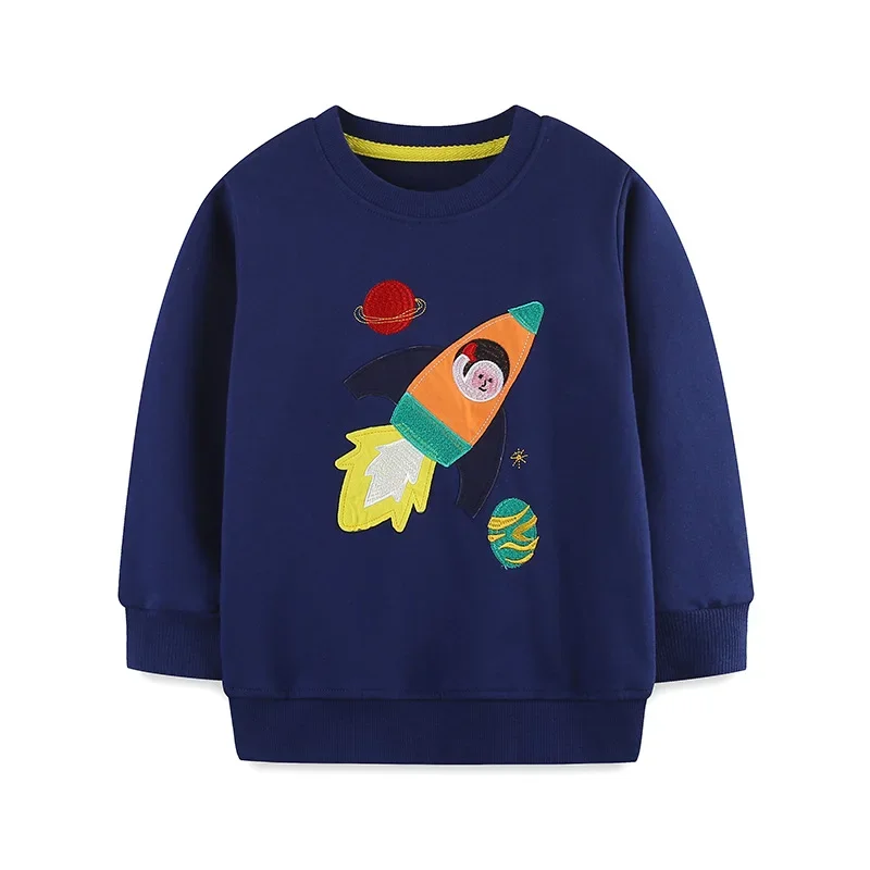 Boys Sweatshirts 100% Cotton Hoodies Pullover Tops Rocket Space Embroidery Long Sleeve Kids Casual Autumn Winter Clothes
