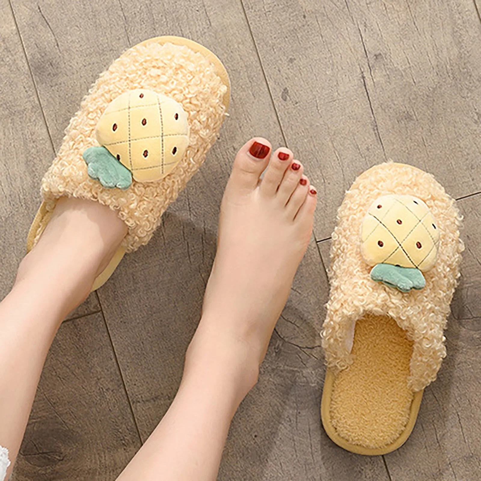 

Four Seasons Cute Slippers Fruit Winter Plush Slippers Closed Toe Slip On Flat House Shoes Cozy and Warm Home Floor Slippers