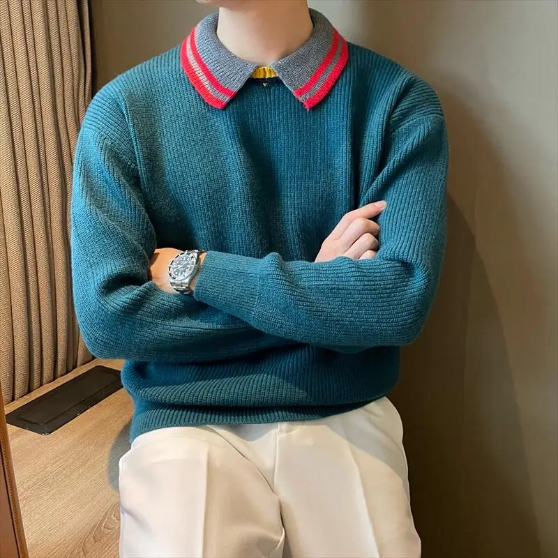 Thick warm loose color matching lapel cashmere sweater 100% pure cashmere pullover sweater