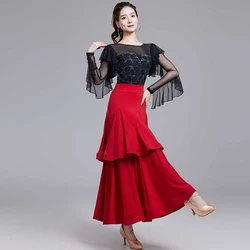 Modern Dance suit Black Samba Fish Bone Skirt suit Body Top Rhinestone wine red Competition Training dress Skirt Waltz suit