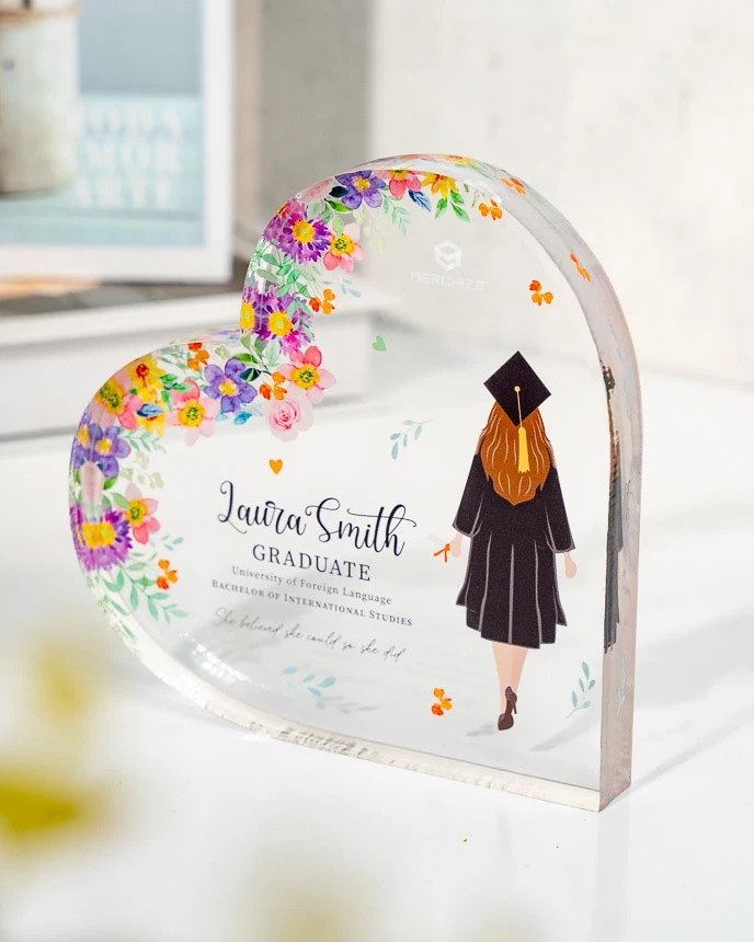 University Grad Print Acrylic Heart Plaque No Base Graduation Gift for Classmates Alumni Best Friend Keepsake Sign Table Decor