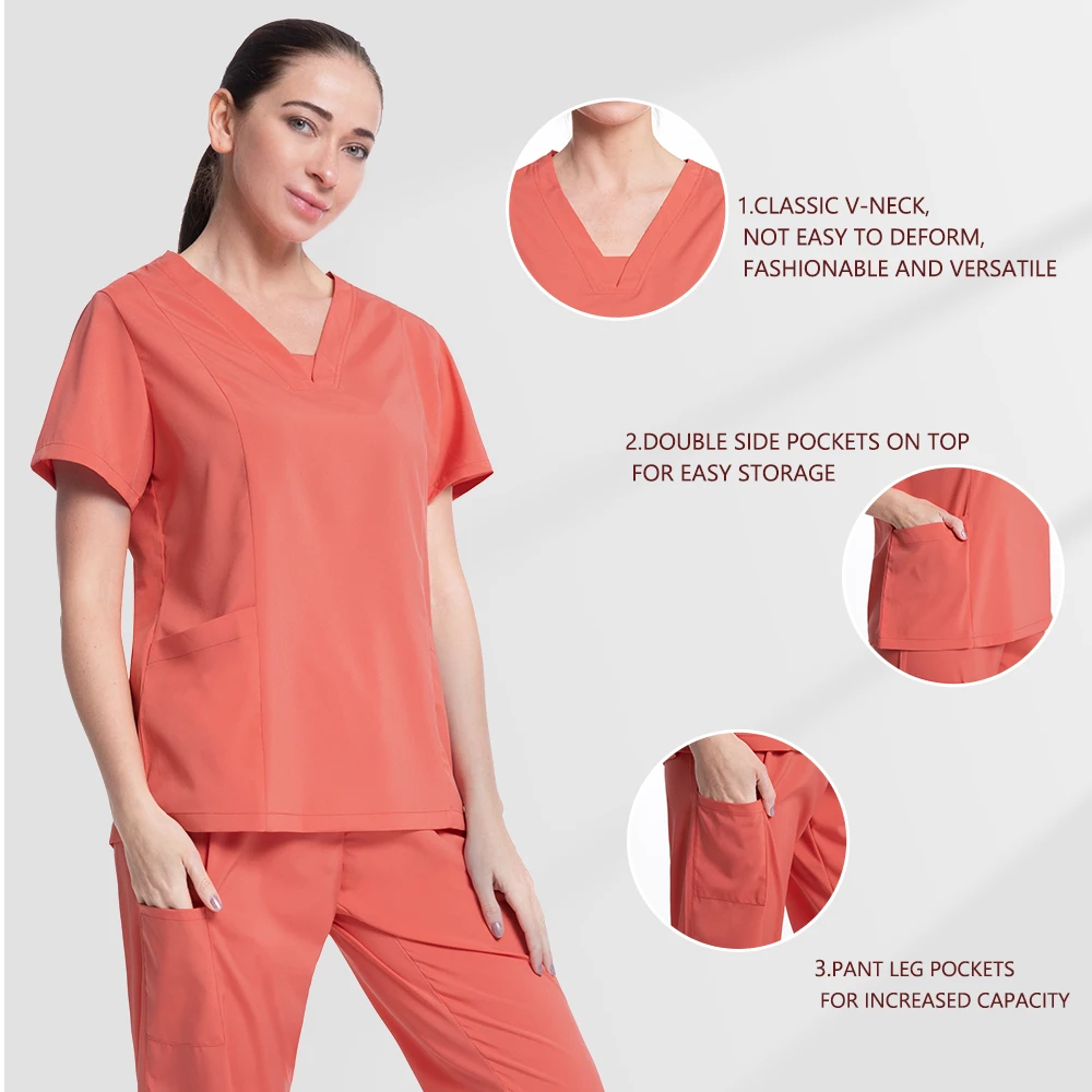 Scrub Set Uniform Nurse Workwear Nursing Top and Pant Women Men Solid Color Chlorine Bleach Resistance Heathered Working Suit