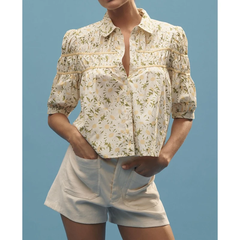 Women Puff Sleeve Floral Graphic Shirred Peplum Blouse Crop Top Y2k Front Button Down Flowy Vintage Babydoll T-Shirts