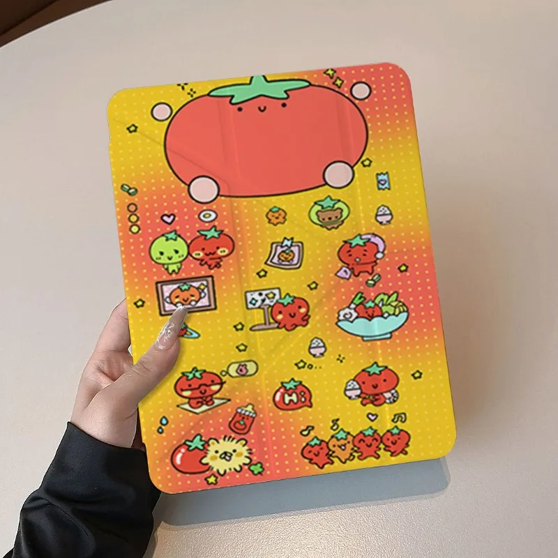 Aesthetic Bright Gradient Dot Tomato Cartoon IPad Cover for 11th A16  Air7 2025 Pro 11in Air6 Mini7 Y-Fold Tablet Protector Case