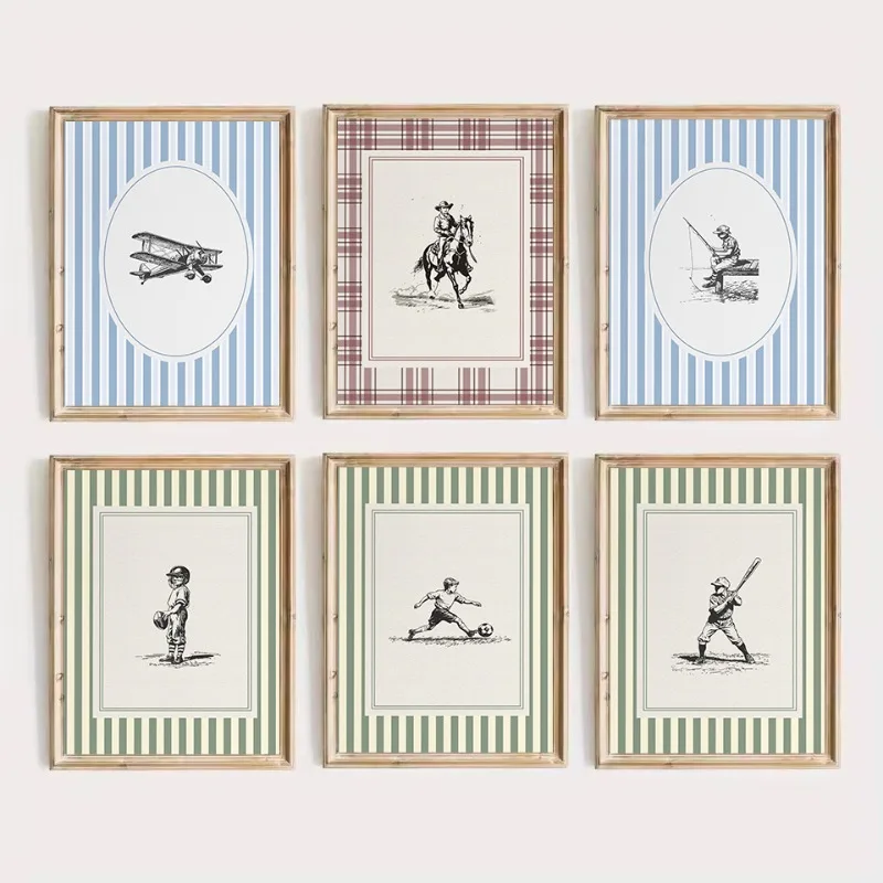 Retro Striped Sketch Airplane Soccer Boy Horse Rider Minimalist Sports Nursery Canvas Poster Wall Art Pictures Home Decor