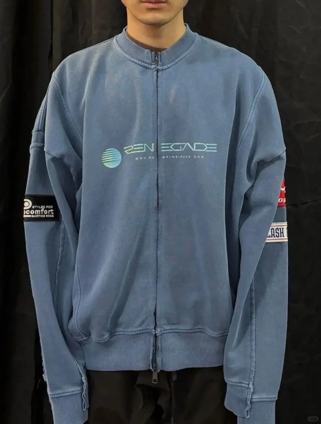Fleece Mart Washed Blue Printed Patch Irregular Zip Sweater Jacket