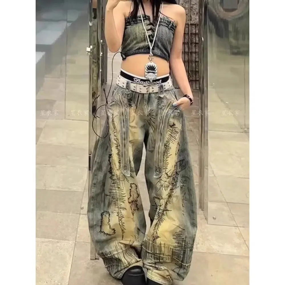 American Retro Washed Denim Jeans washing old hand-painted graffiti printed jeans Fashion Loose Casual Wide Leg Jeans
