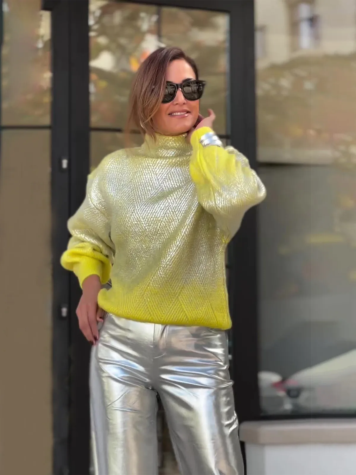 

Faionable adient Silver High Collar Knitwear Sweater Casual Women's Street Sle Loose Fit Long Sve Thermal Clothing