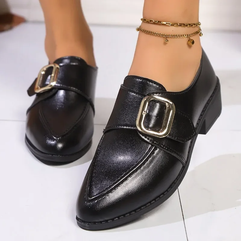 

Women's Shoes Retro Slip on Women's Loafers Trend PU Leather Thick Heel Style Round Toe Luxury Ladies Flats