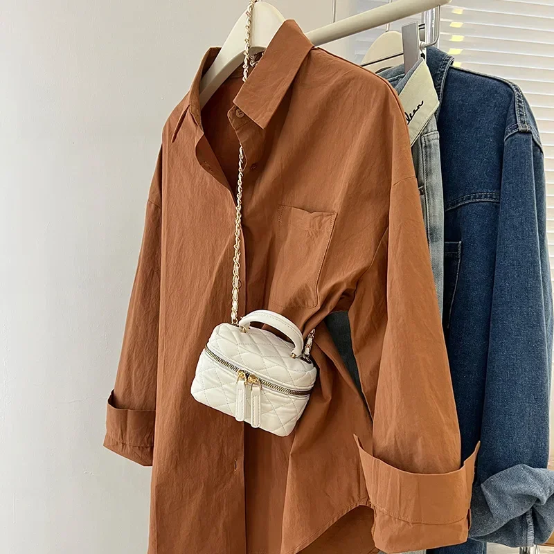 QWEEK Korean Style Office Shirt Solid Color Elegant and Youthful Woman Loose Blouses Basic Minimalist Button Up Clothes Clothes