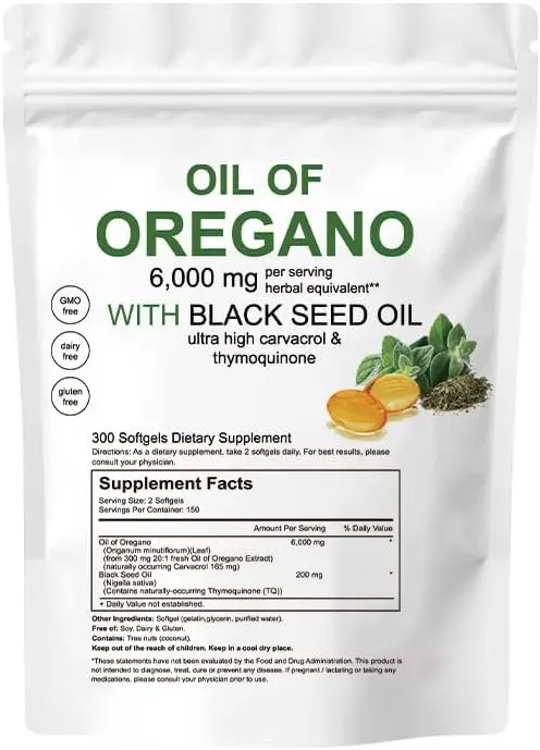 Oil of Oregano Softgels, 2 in 1 Oil of Oregano 6000mg with Black Seed Oil 200mg, Non-GMO & Immune Support 300 Capsules