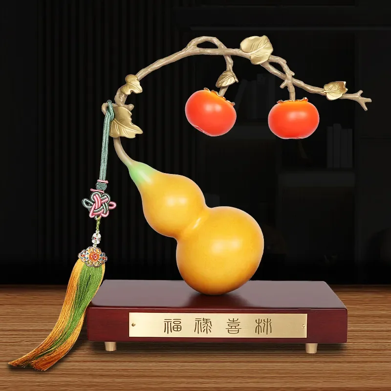 Pure Copper Gourd Persimmon Ruyi Ornament Traditional Chinese Feng Shui Decor for Home Office Entrance Table Display Gift