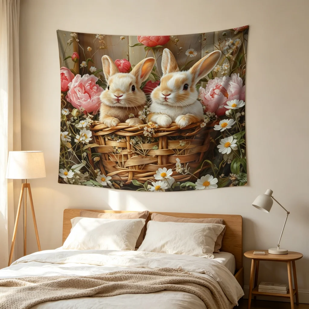 1PC Rabbit Flower Basket Print Backdrop Banner, Bedroom Photo Background, Polyester Wall Hanging, Home Decor, Wall Art