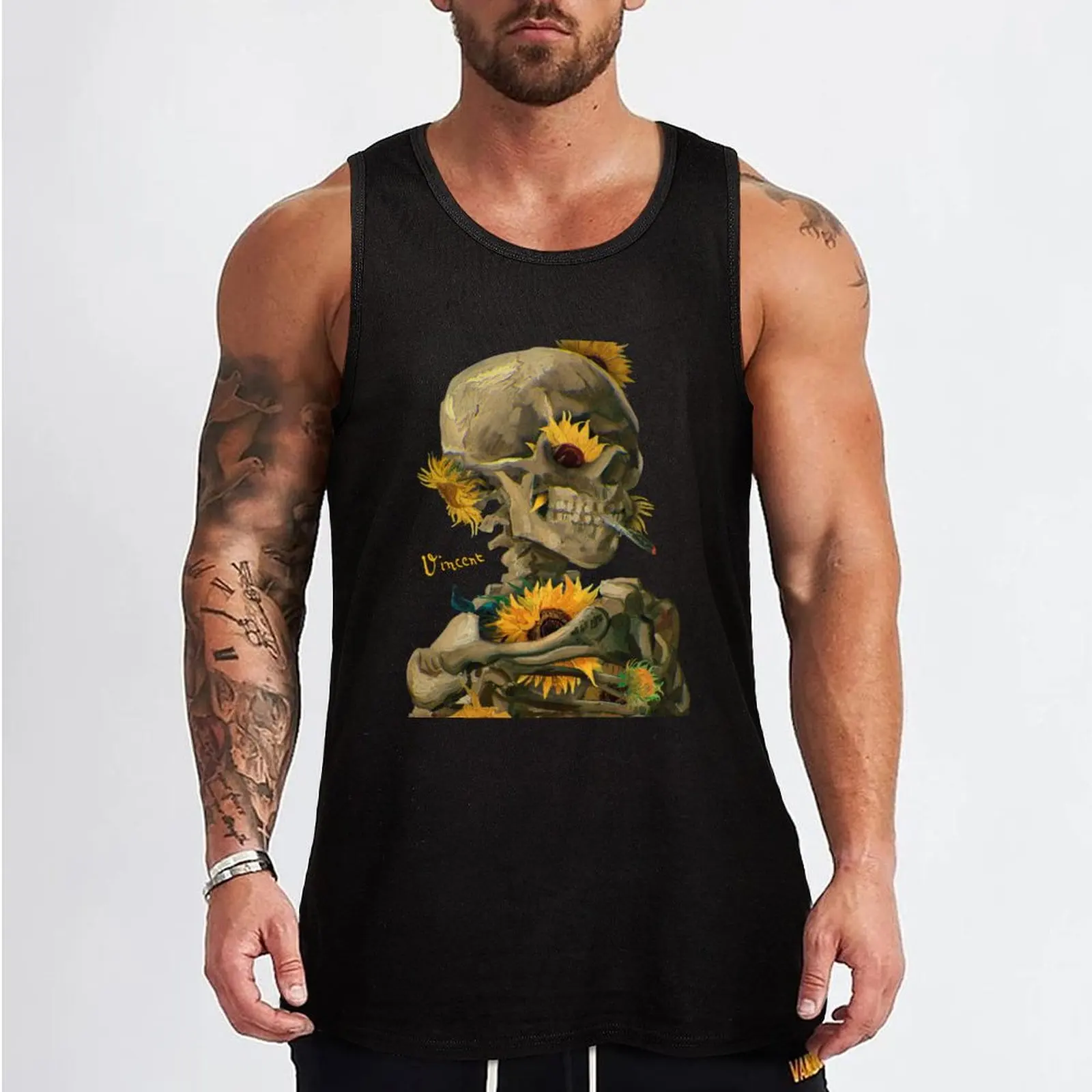 Van Gogh Skull, Sunflowers, Art, Aesthetic art, Surreal art, Tank Top gym t shirt men Men's gym