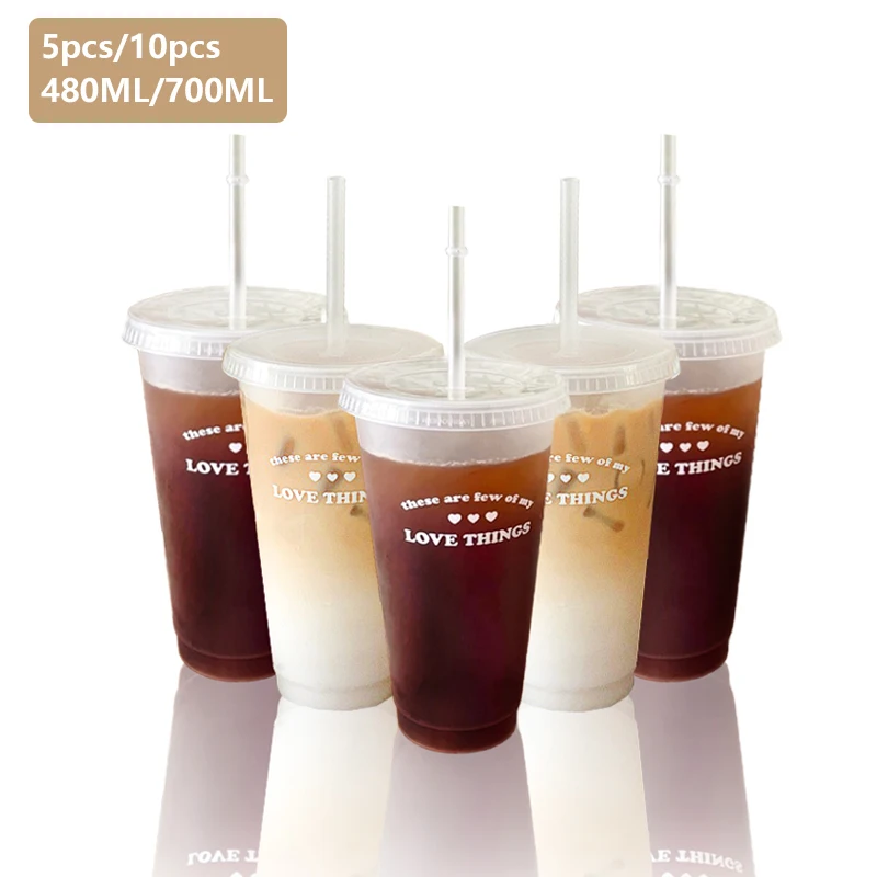 

5/10pcs Cute Plastic Water Bottle For Iced Coffee Tumbler With Straw and Lid Kawaii Juice Milk Tea Reusable Cups 480ML-700ML