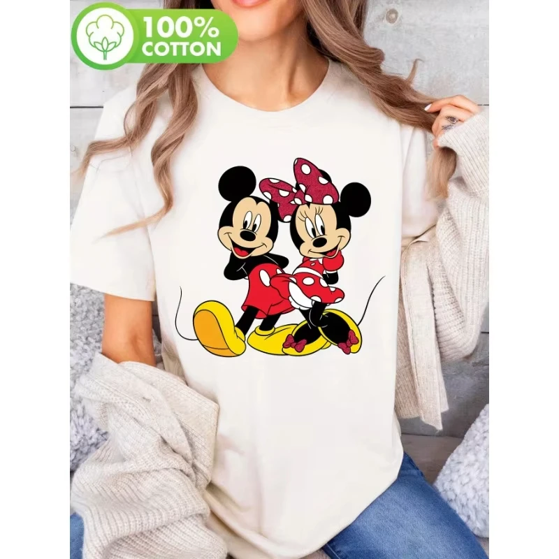 ديزني ميكي ماوس ميني الكرتون نمط القطن الخالص المرأة قصيرة الأكمام تي شيرت الشارع ارتداء Harajuku نمط Y2k المتضخم