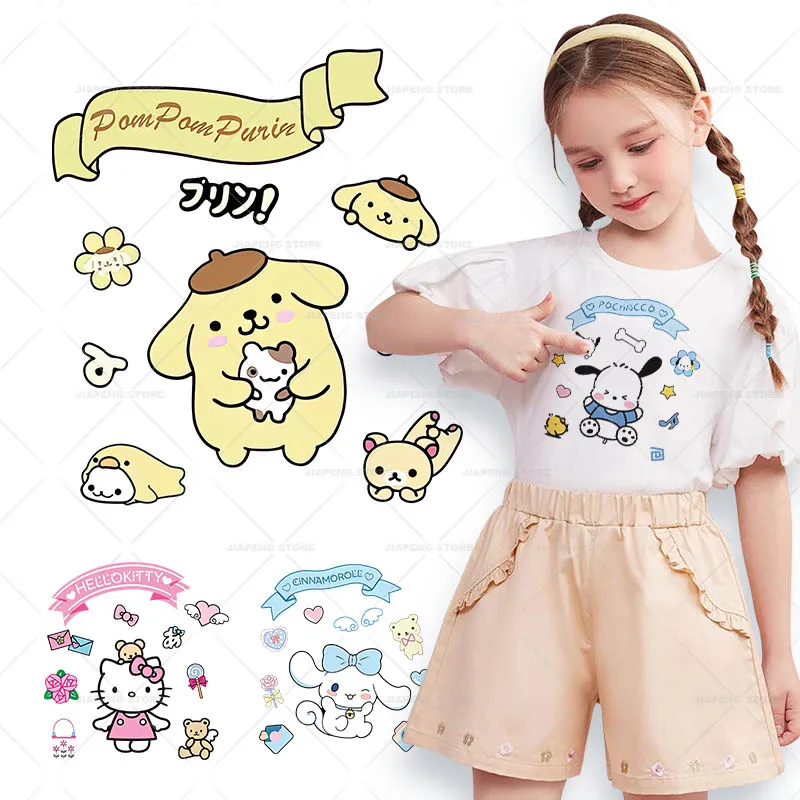 Cute Sanrio Family Iron on Patches Heat Transfers For Clothes Hello Kitty Printed Thermal Stickers on T-shirt Washable Applique