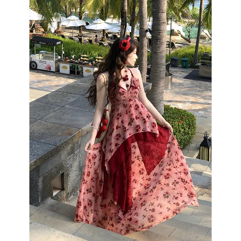 2025新作 夏 レディース ワンピース カジュアル Aライン ノースリーブ アシンメトリー スパゲッティストラップ キャミソール アンクル丈 ドレス T202