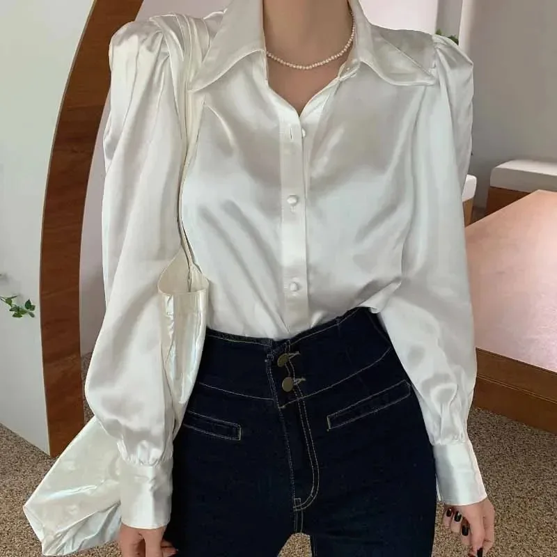 Women\'s Korean Puff Sleeve Loose Satin Button Lapel Shirt, Elegant Tops, Creamy-white, New Chic Blouse, 12635