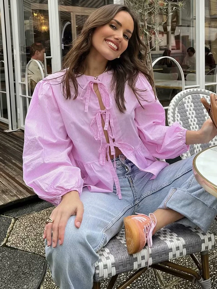 

Vintage Women Elegant Pink Striped Shirts 2025 Fashion Ladies Casual Ruffles Blouses for Party Female Cute Loose Tops Clothes