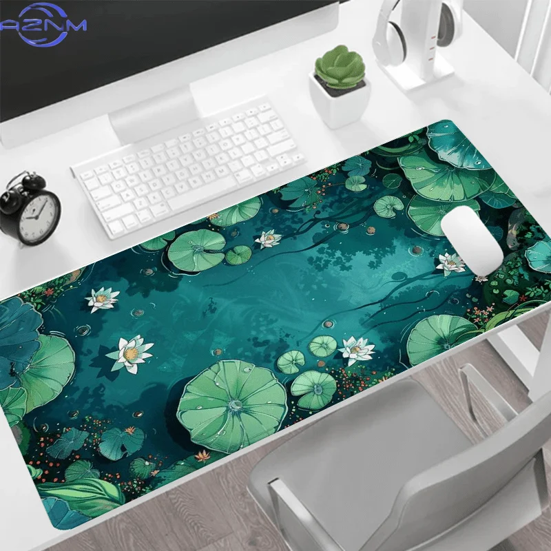 Green Lotus Pond Mouse Pad Large Computer Office Game Table Mat 90x40 XXL Rubber Non-slip Stitched Edge Keyboard Mats Desk Pads